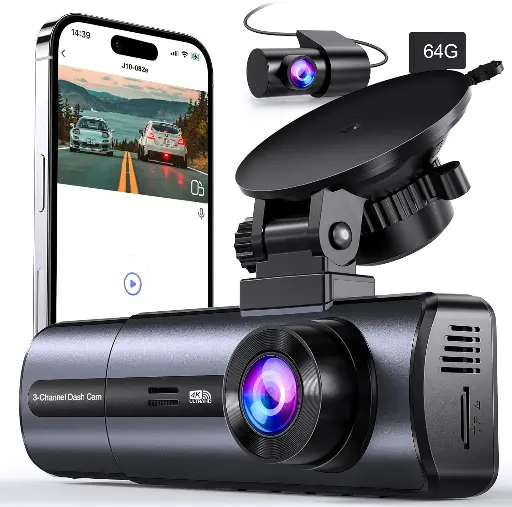 Cámara para Auto Dashcam 4K de 3 Canales con WiFi 5 GHz 64GB – Seguridad Total en Cada Trayecto